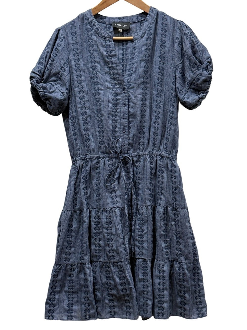 SugarLips Blue Embroidered Tiered Mini Dress Size S | Cotton Linen Blend
